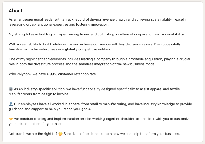 About section on a personal linkedin account