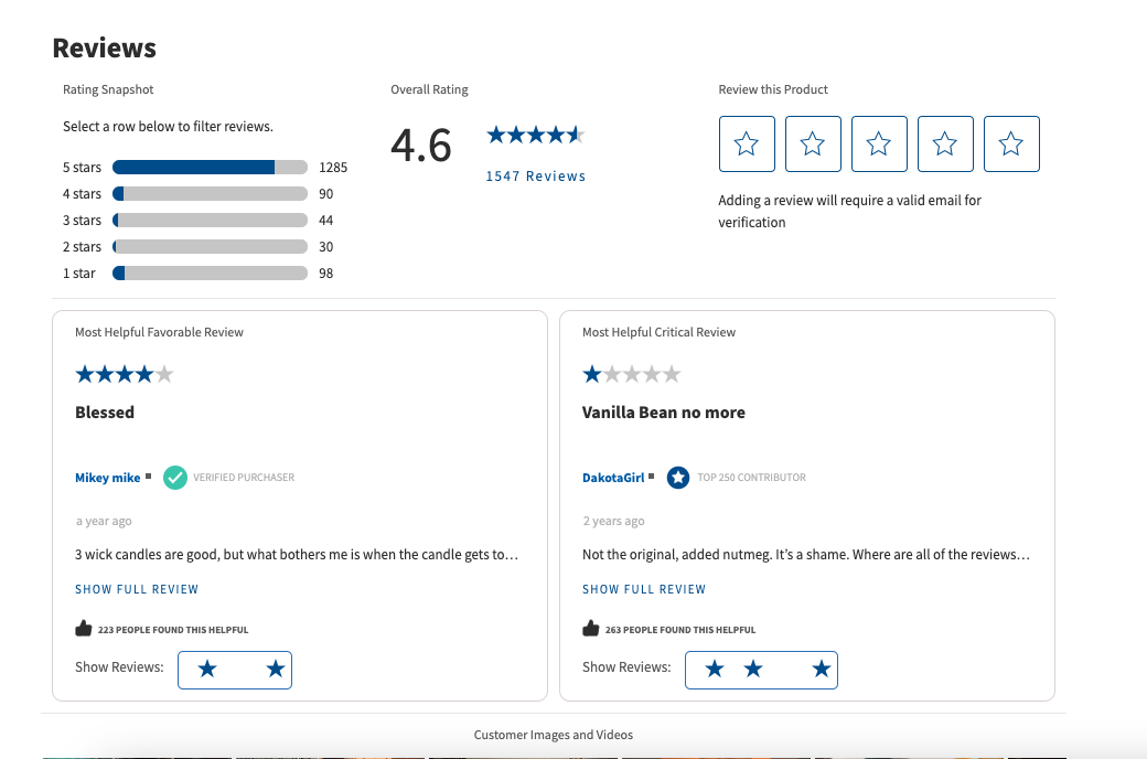 Reviews page for products