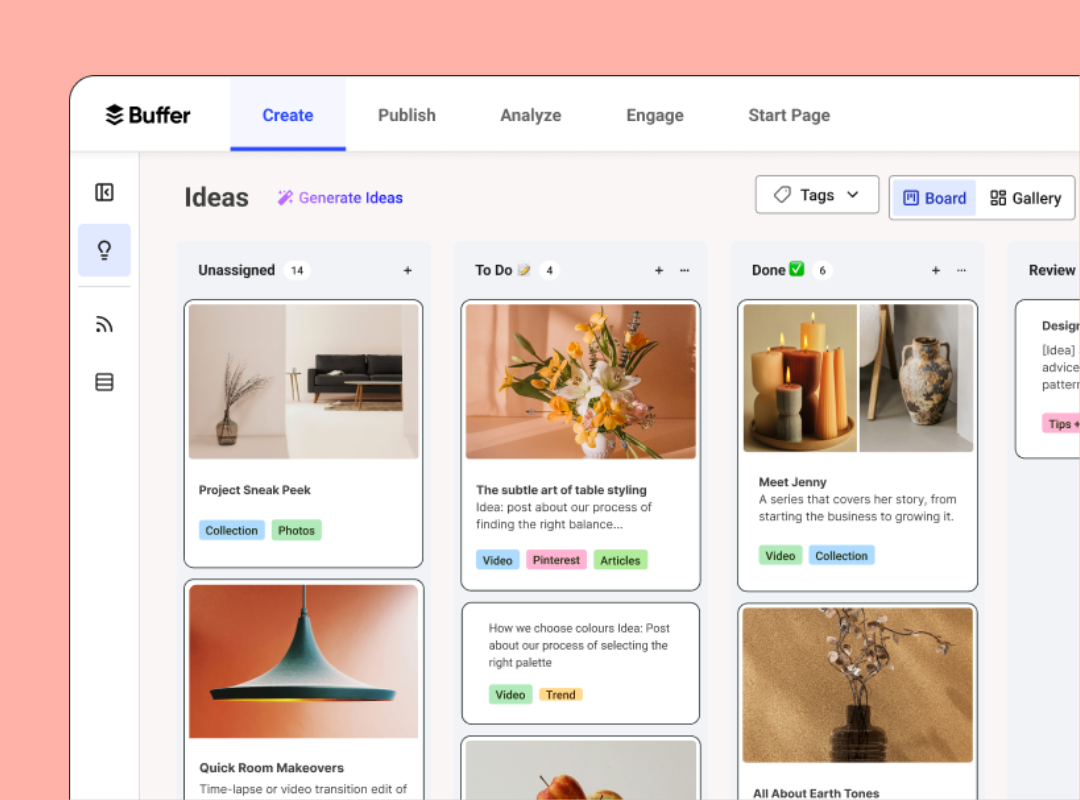 A view of the Create space in Buffer, where users can store and organize ideas before turning them into posts