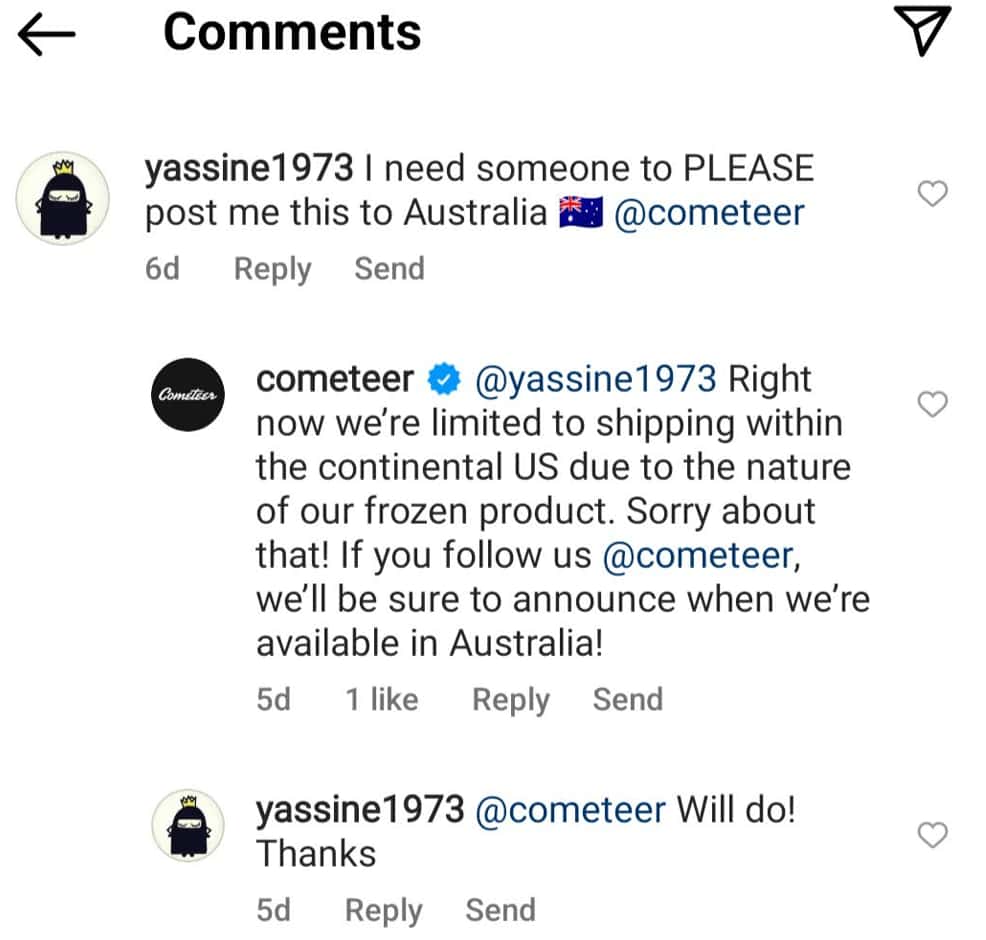cometeer responding to Instagram followers