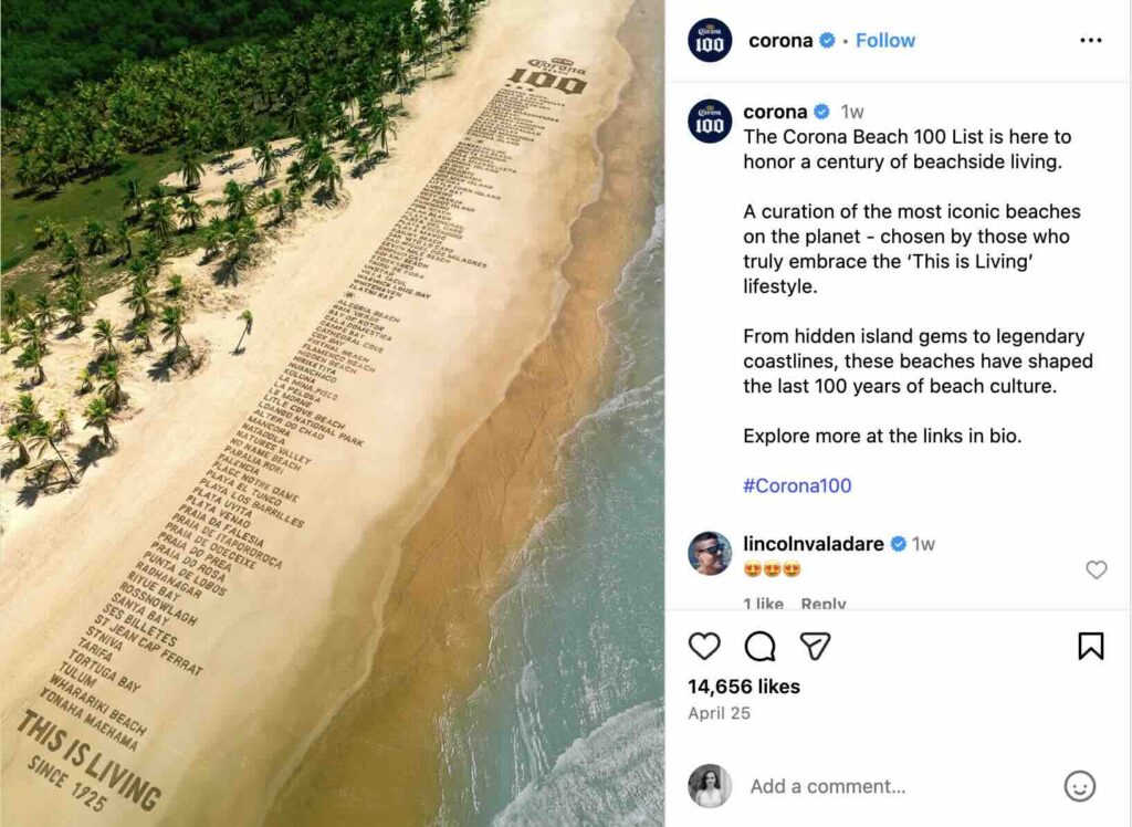 An Instagram post from Corona that captures a bird's eye-view of their Corona's 100 best beaches list written in the sand on a coastline