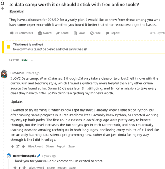 DataCamp's Review on Reddit