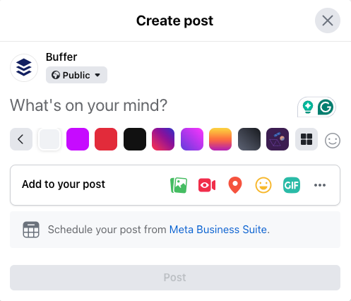 all the options available when you create facebook posts, like adding colored backgrounds or gifs