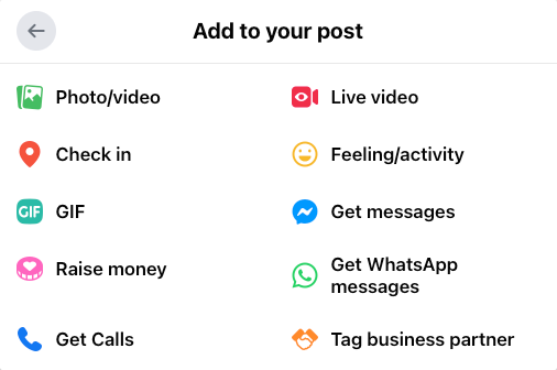 all the options available when you create facebook posts, like adding colored backgrounds or gifs
