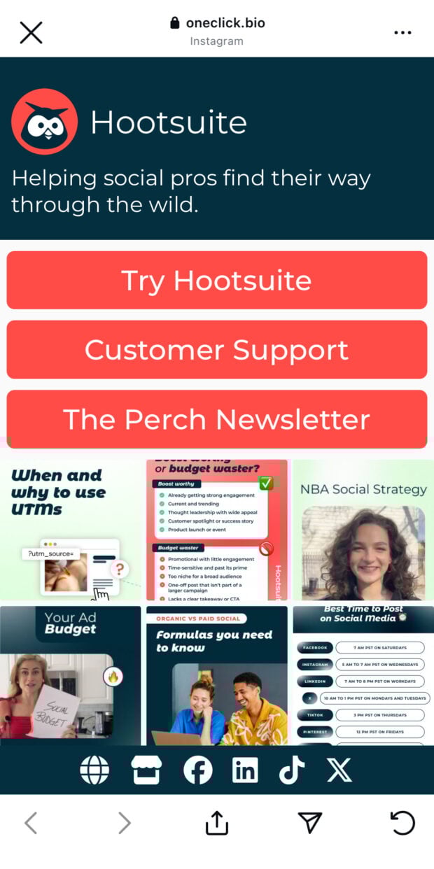 Hootsuite Customer Support and Newsletter link tree