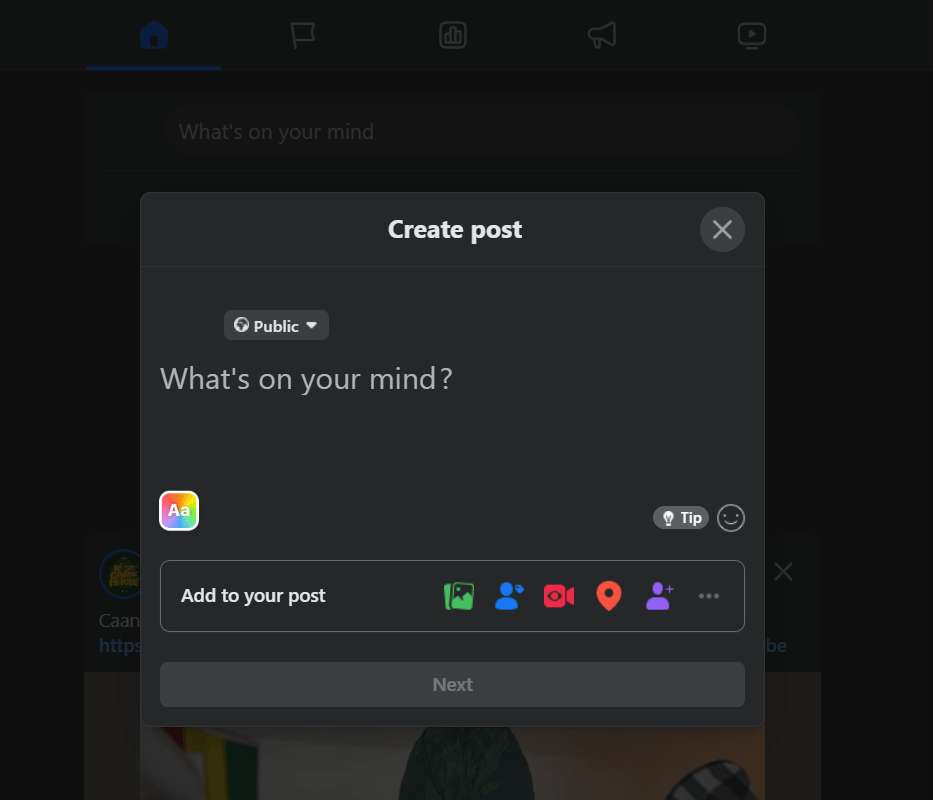Facebook create post window with audience set to public, allowing wider sharing options