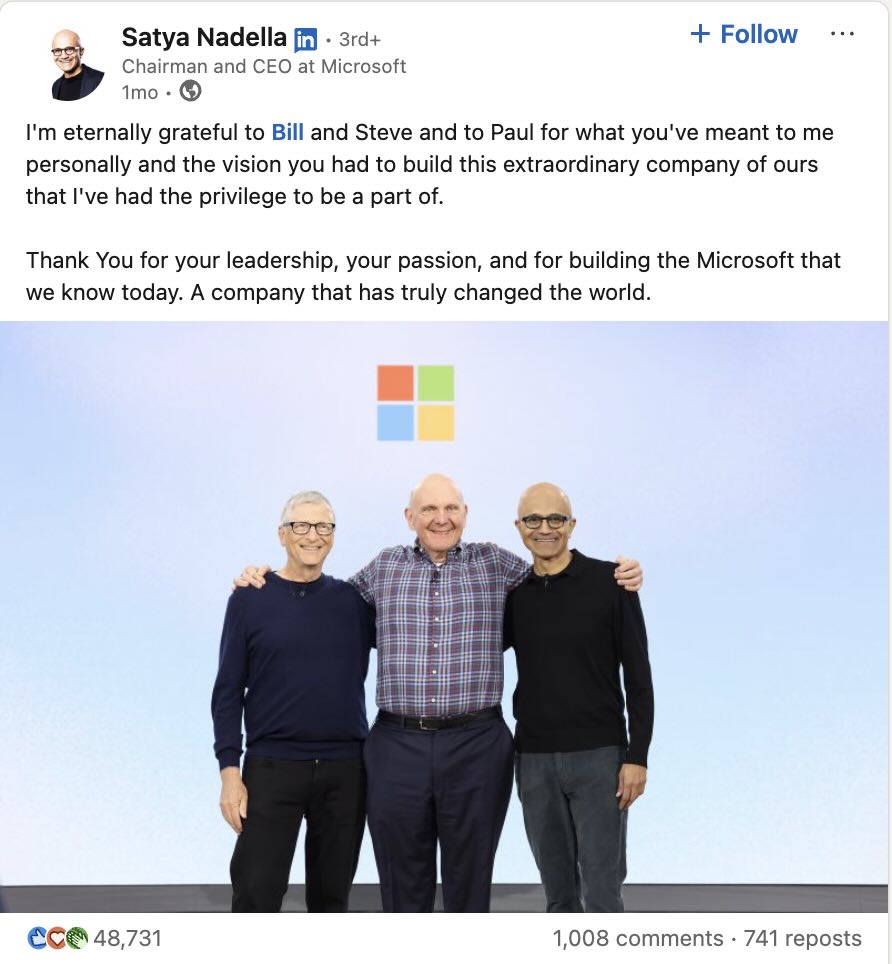 A LinkedIn post from Microsoft's CEO standing with two other past CEOs of the company
