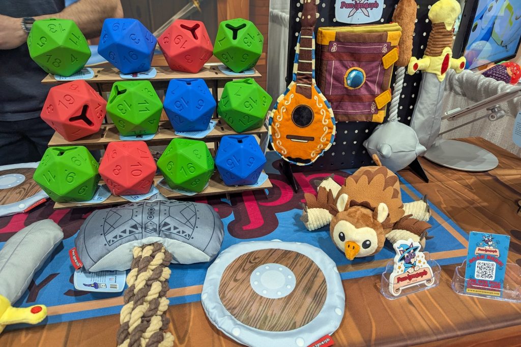 Brightly colored dog toys