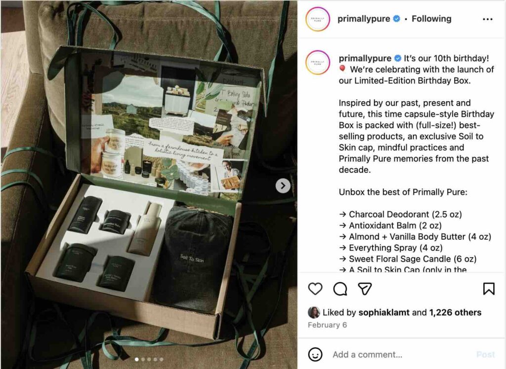 An Instagram post from Primally Pure about their birthday box in honor of their 10-year anniversary
