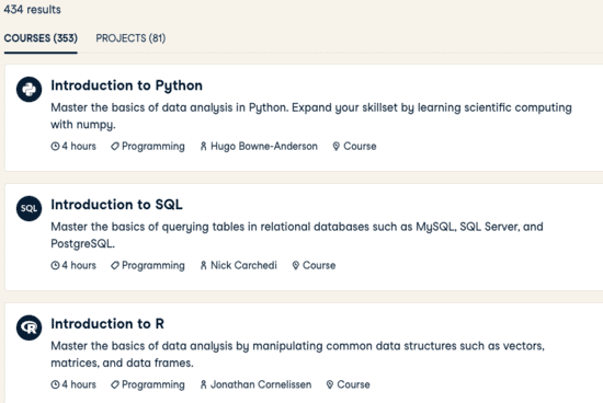 The first 3 courses of DataCamp: Python, SQL, R