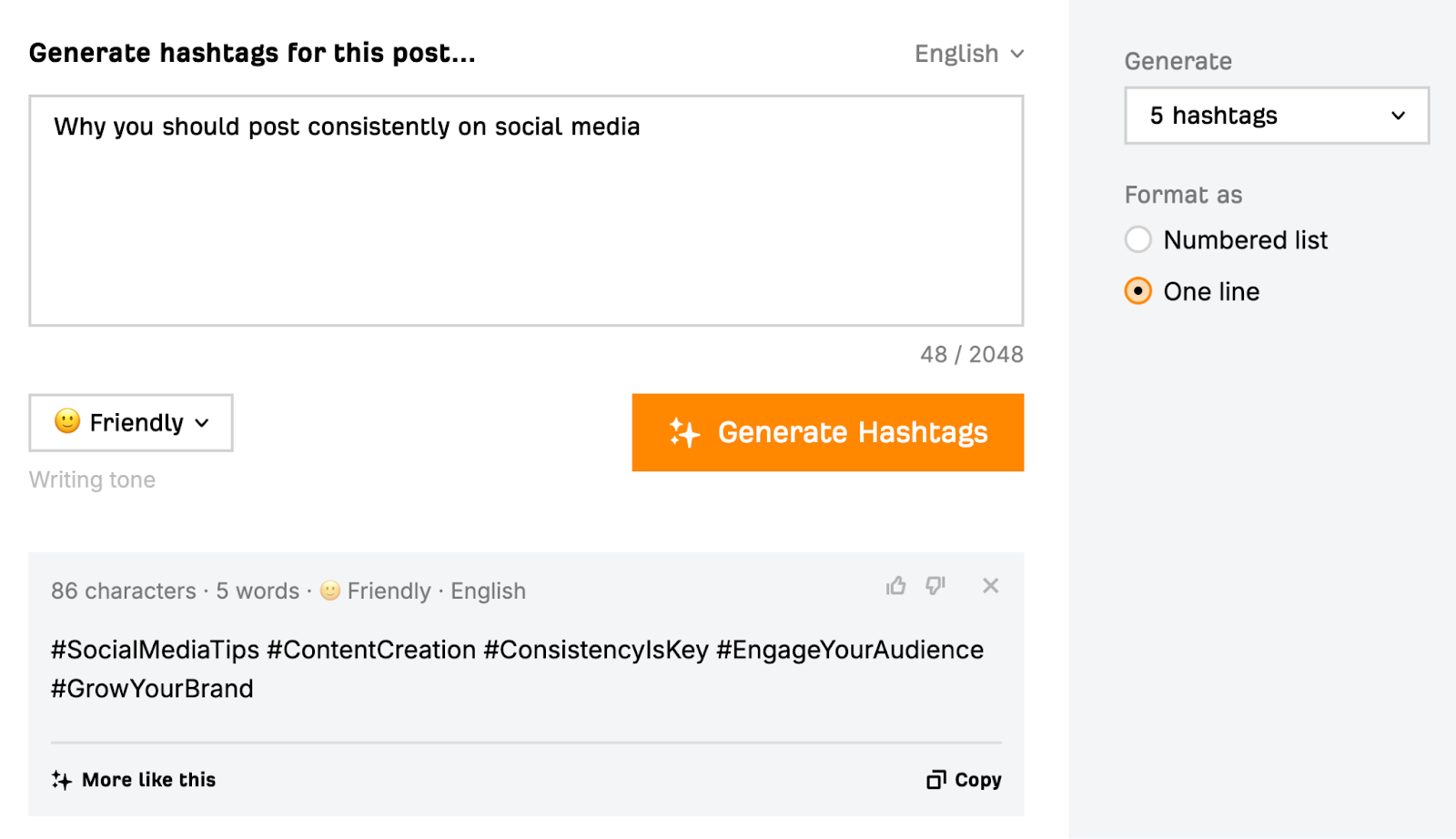 A screenshot of Ahrefs hashtag generator