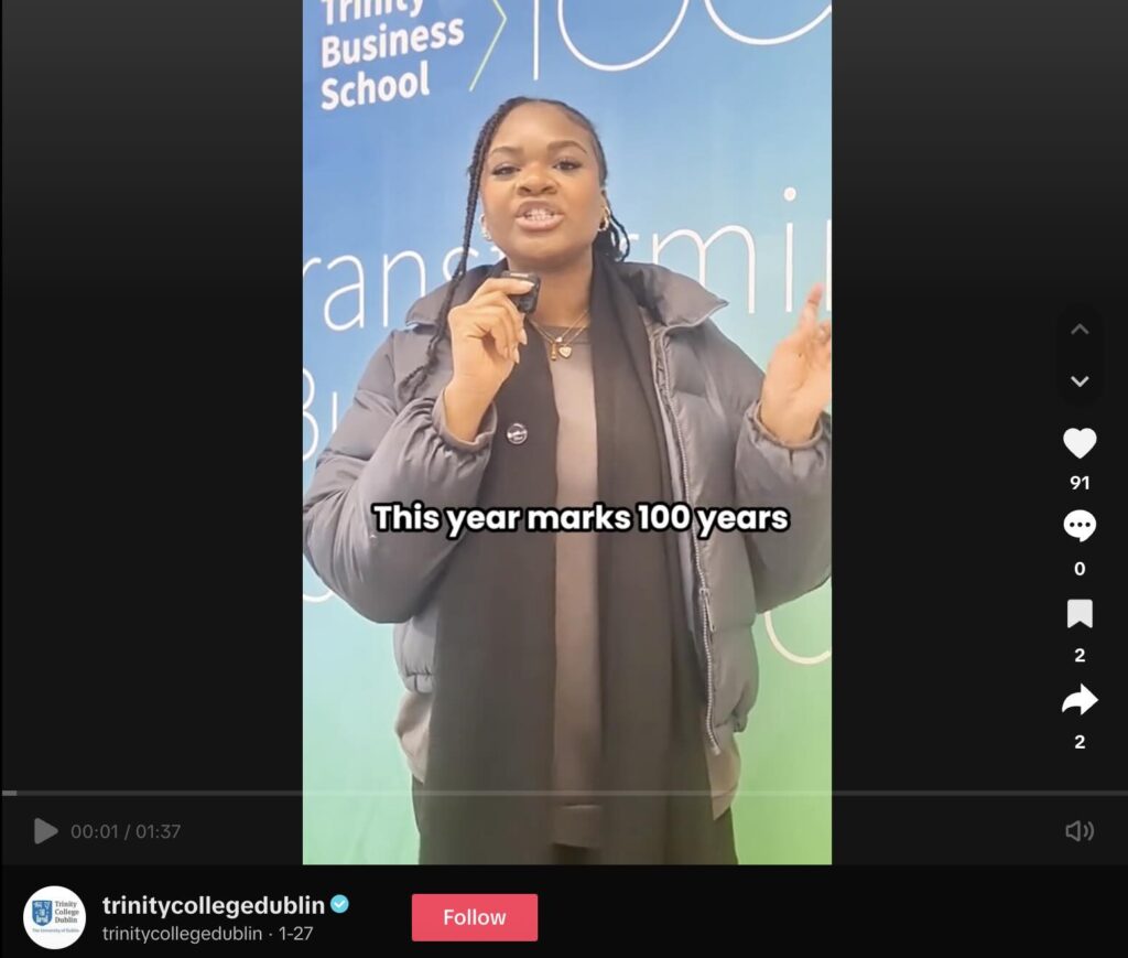 A TikTok from Trinity College about the 100 year anniversary of their business school