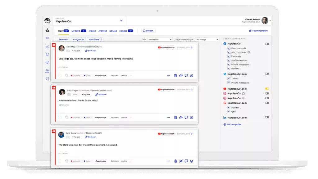 YouTube comments shown in NapoleonCat's Social Inbox.