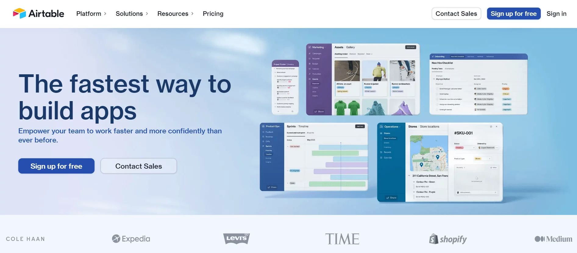 Airtable homepage showing several screenshots such as marketing assets library, sprint timeline, or new hire checklist.