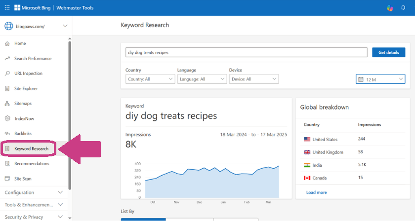 bing webmaster tools screenshot keyword research | Diversifying Your SEO Strategy: A Practical Guide to Bing Webmaster Tools for Pet Businesses