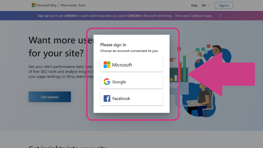 bing webmaster tools screenshot signup | Diversifying Your SEO Strategy: A Practical Guide to Bing Webmaster Tools for Pet Businesses