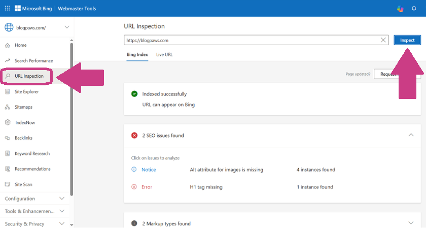 bing webmaster tools screenshot url inspection tool | Diversifying Your SEO Strategy: A Practical Guide to Bing Webmaster Tools for Pet Businesses