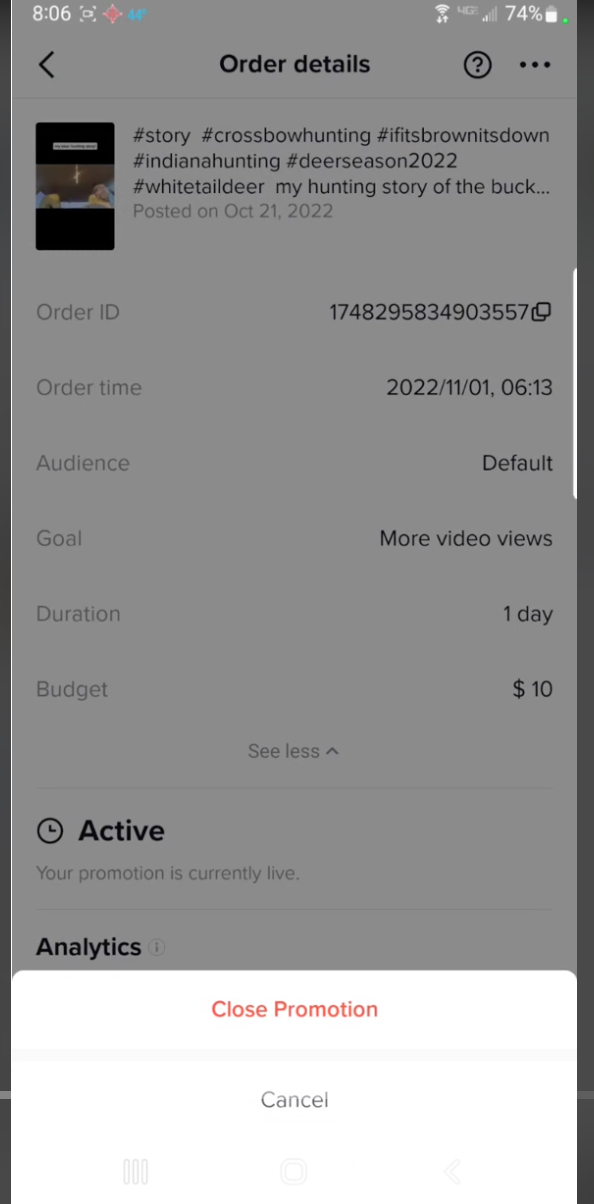 The Close Promotion screen on a promoted TikTok