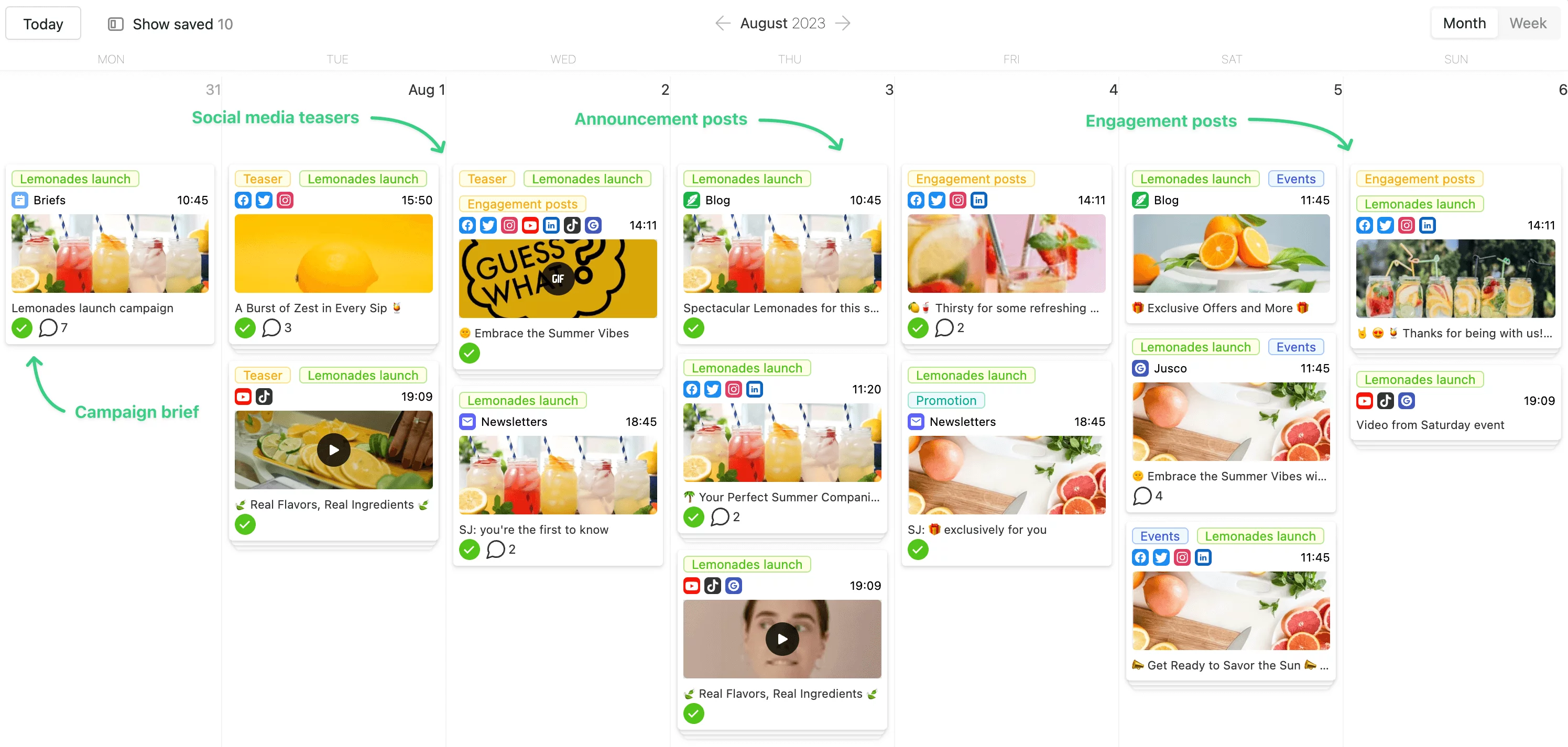 Lemonade campaign calendar with color-coded teasers, blogs, and event posts organized by day
