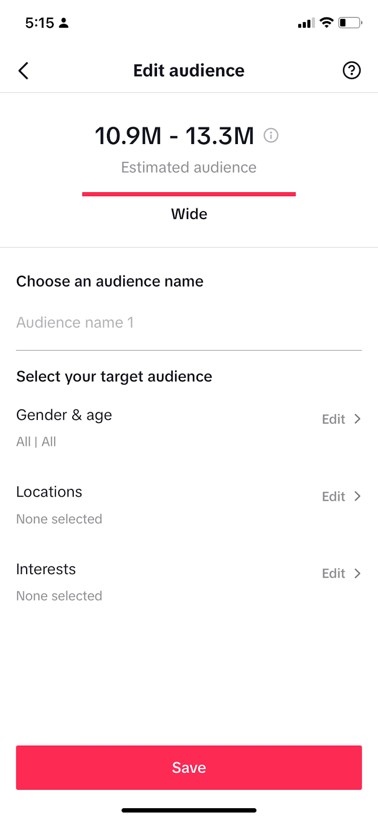 The Edit Audience screen in TikTok Promote