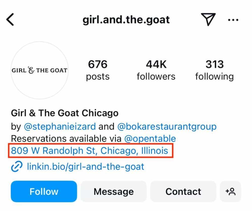 Girl and the Goat's location info on their Instagram page