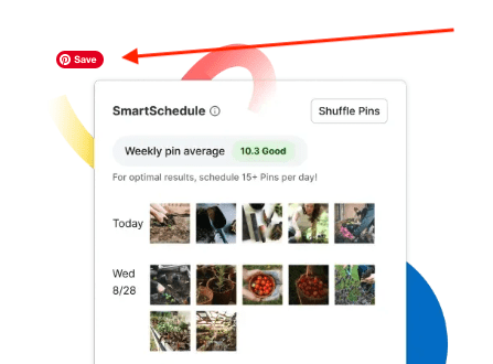 SmartSchedule dashboard showing a weekly pin average of 10.3 labeled 'Good.' Displays a grid of nature-themed images scheduled to be pinned. A red arrow highlights a Pinterest Save button in the upper left corner.