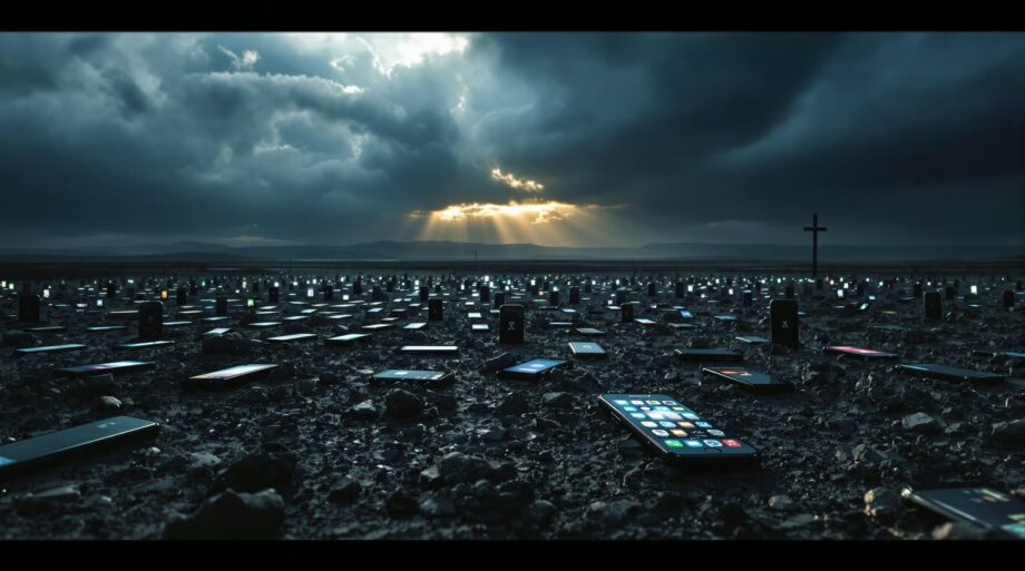 photo of what looks to be an iphone graveyard with iphones scattered about a dark gravel landscape