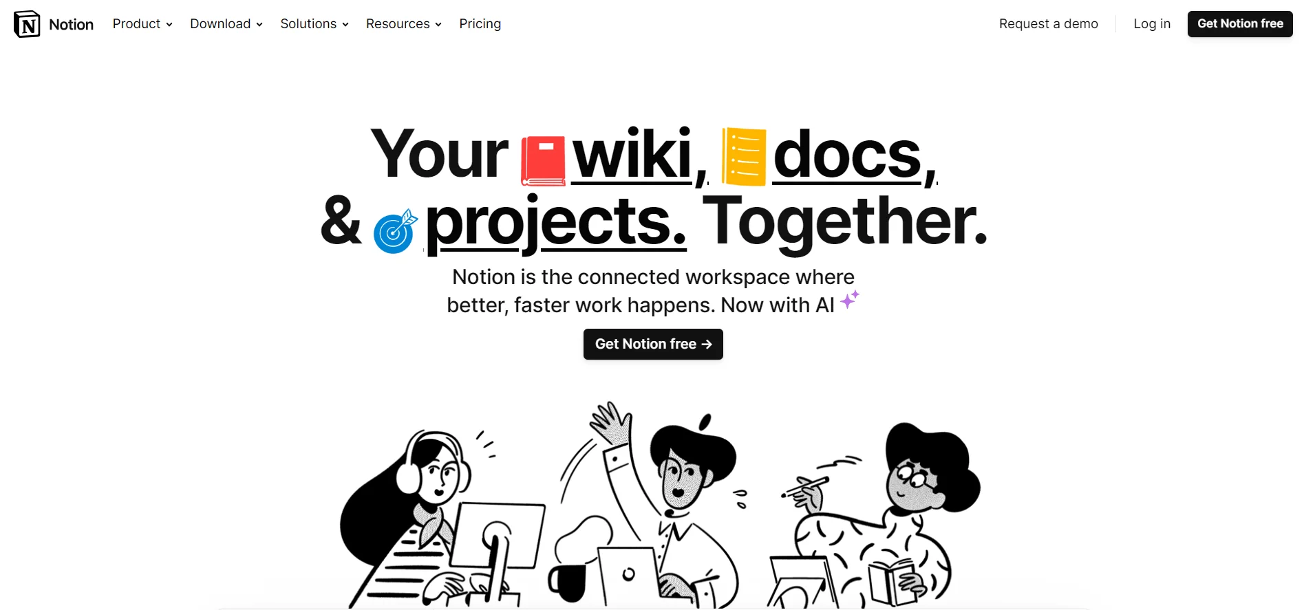 Notion homepage with a sketch of 3 people working together, and the motto "Your wiki, docs, & project. Together"