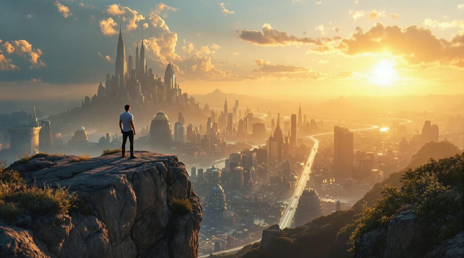 a man standing at the edge of a cliff overlooking a vast futuristic utopian city during sunrise