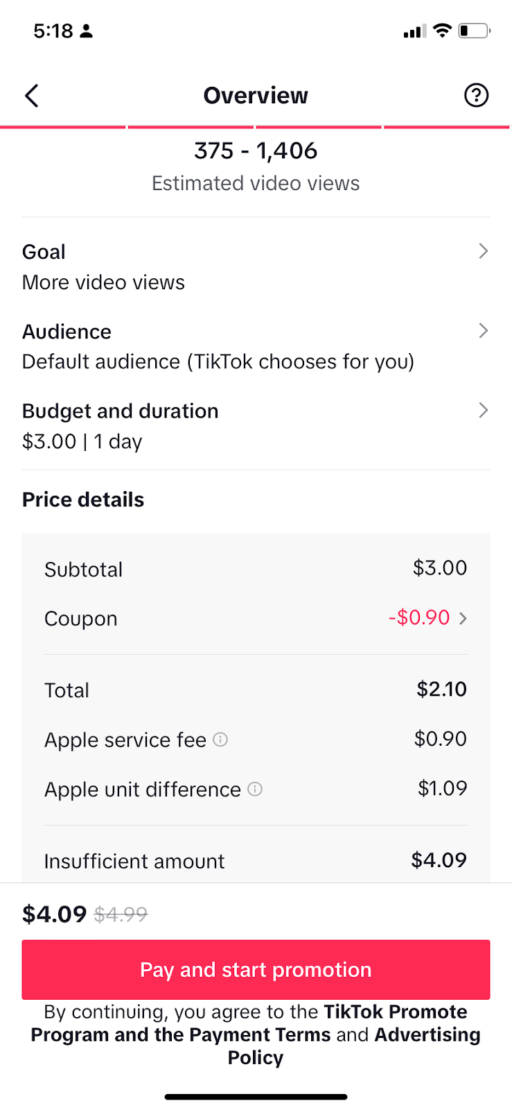The Overview screen in TIkTok Promote