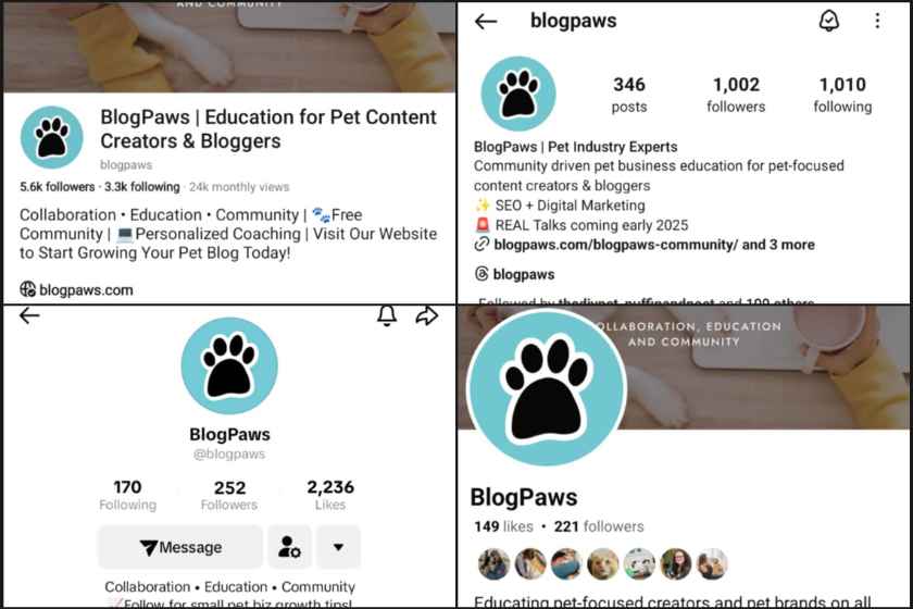 screenshot of the blogpaws profile picture on various social media accounts | Find Your Audience with Pinterest SEO Basics for Pet Content Creators