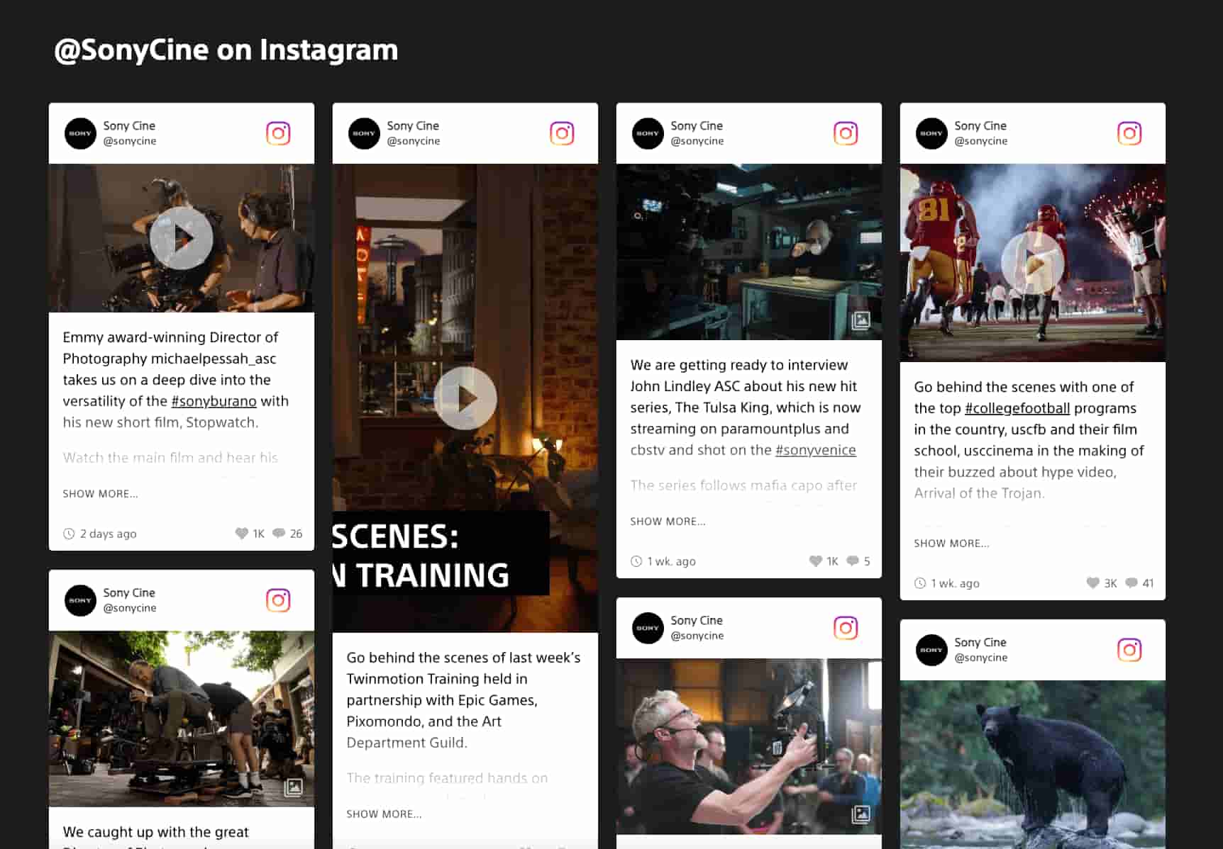 Sony Cine's Instagram feed embedded in their website