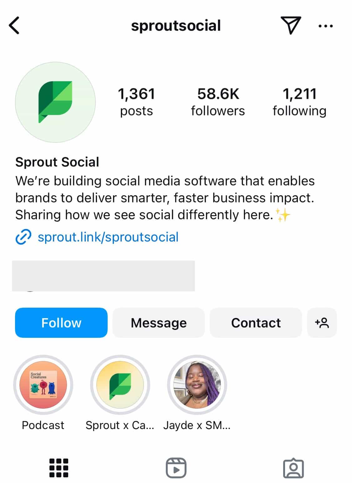 Sprout Social's Instagram bio and story highlights