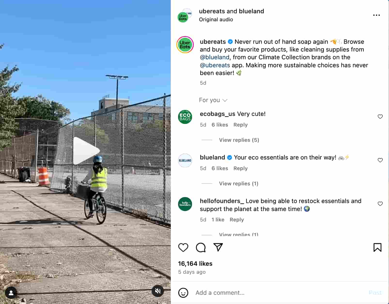 An Instagram Reel about the brand partnership between Uber Eats and Blueland.